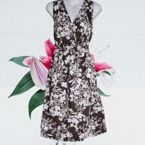 Lightweight Sundress Size Large Brown and White V-Neck Sleeveless Midi Floral